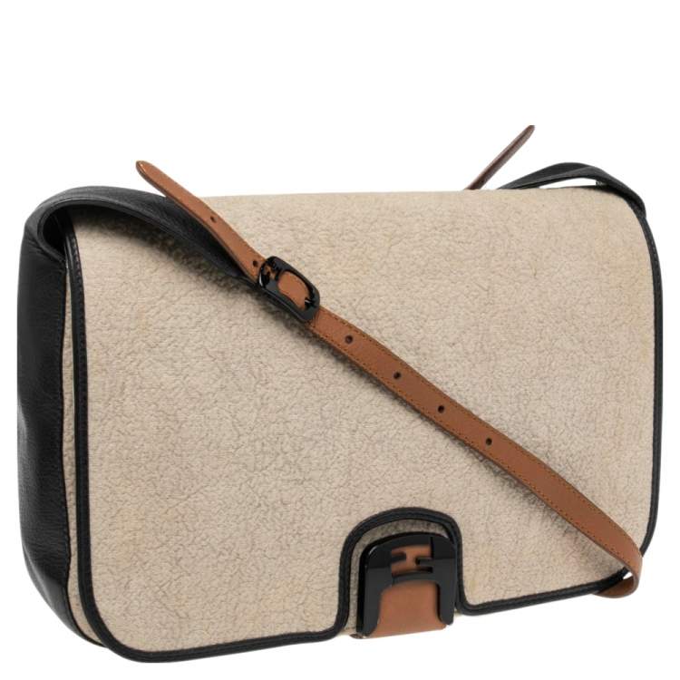 Pre Owned Fendi Black/Off White Leather and Textured Fabric Chameleon Shoulder Bag