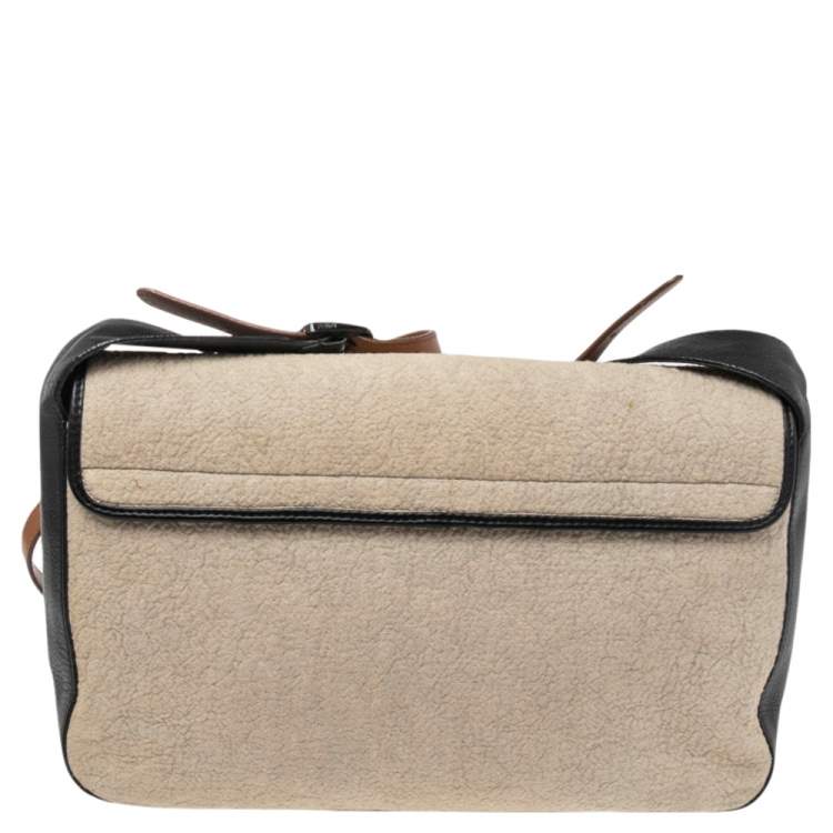 Pre Owned Fendi Black/Off White Leather and Textured Fabric Chameleon Shoulder Bag