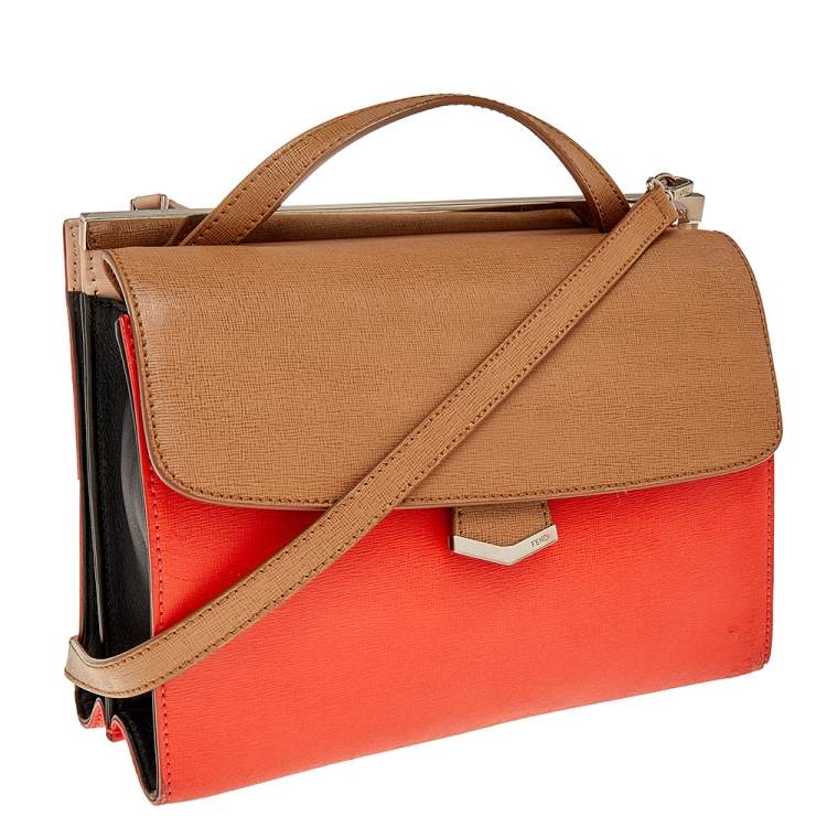 Pre Owned Fendi Brown/Orange Textured Leather Small Demi Jour Shoulder Bag