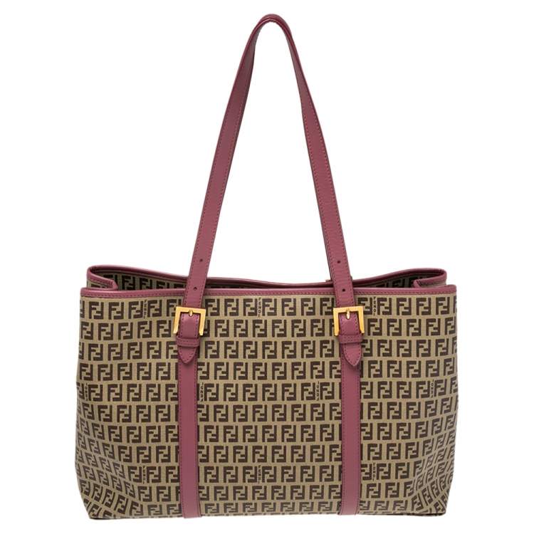Pre Owned Fendi Pink/Brown Zuccachino Coated Canvas and Leather Trim Shopper Tote