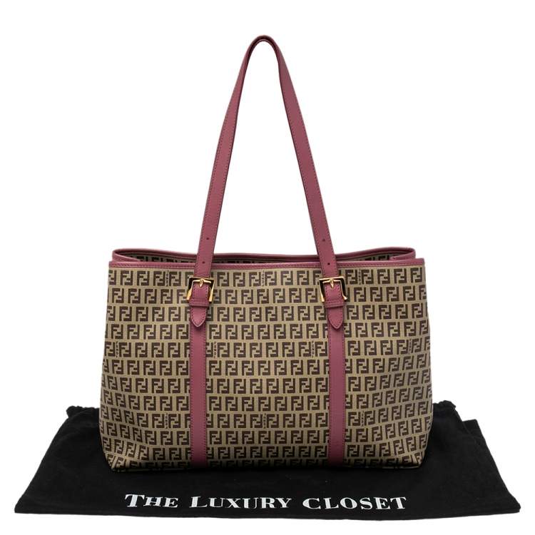 Pre Owned Fendi Pink/Brown Zuccachino Coated Canvas and Leather Trim Shopper Tote