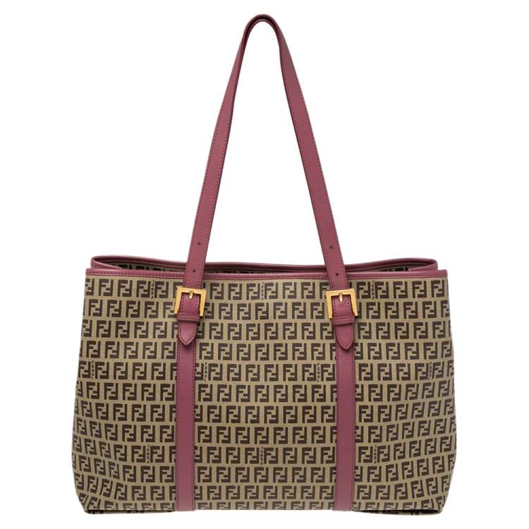 Pre Owned Fendi Pink/Brown Zuccachino Coated Canvas and Leather Trim Shopper Tote
