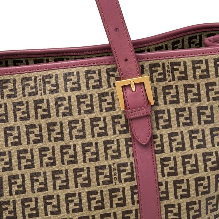 Pre Owned Fendi Pink/Brown Zuccachino Coated Canvas and Leather Trim Shopper Tote