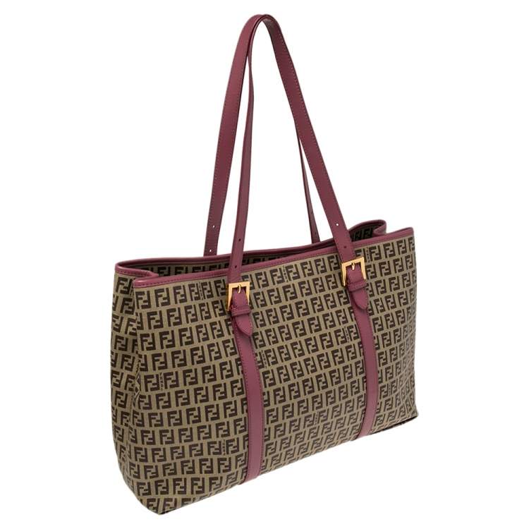 Pre Owned Fendi Pink/Brown Zuccachino Coated Canvas and Leather Trim Shopper Tote