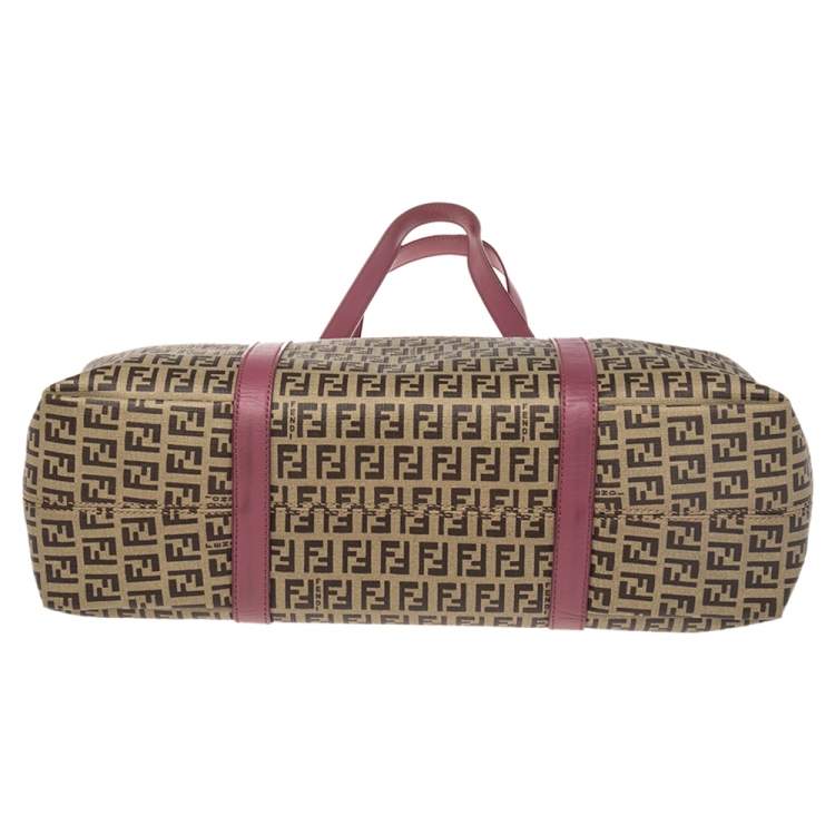 Pre Owned Fendi Pink/Brown Zuccachino Coated Canvas and Leather Trim Shopper Tote
