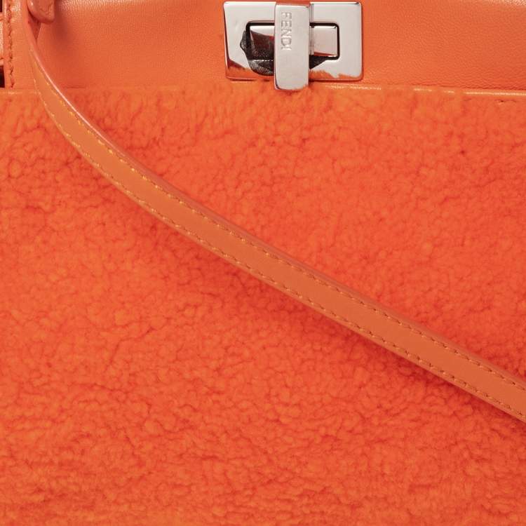 Pre Owned Fendi Orange Leather and Shearling Mini Peekaboo Top Handle Bag