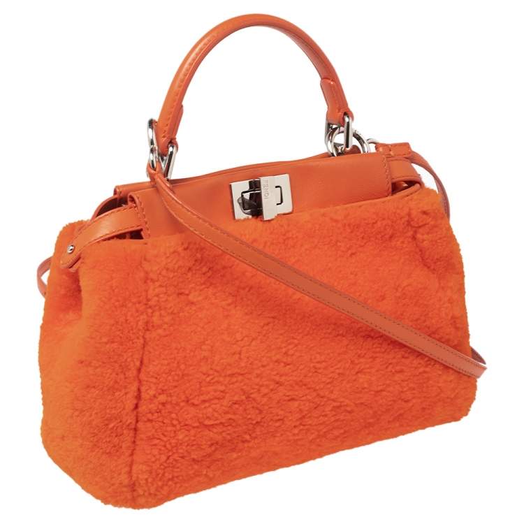 Pre Owned Fendi Orange Leather and Shearling Mini Peekaboo Top Handle Bag