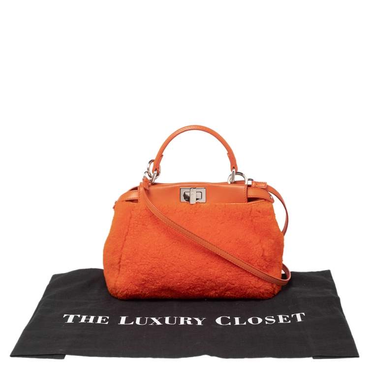 Pre Owned Fendi Orange Leather and Shearling Mini Peekaboo Top Handle Bag