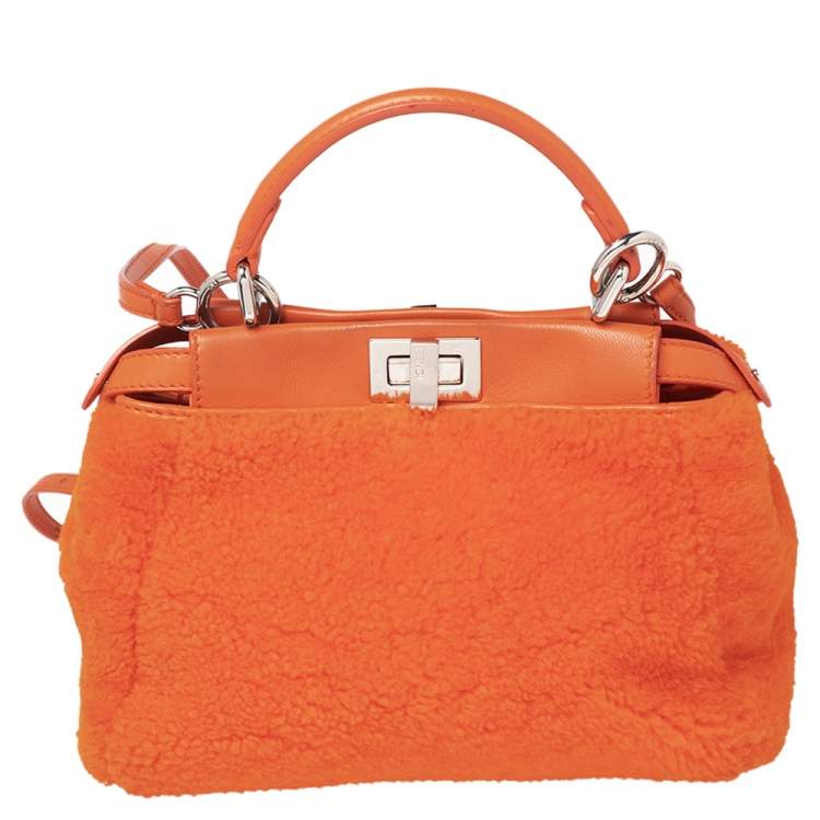 Pre Owned Fendi Orange Leather and Shearling Mini Peekaboo Top Handle Bag