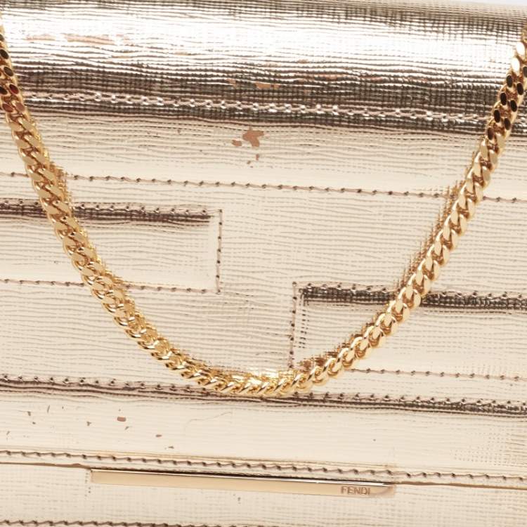 Pre Owned Fendi Gold Laminated Leather Tube On Chain Wallet