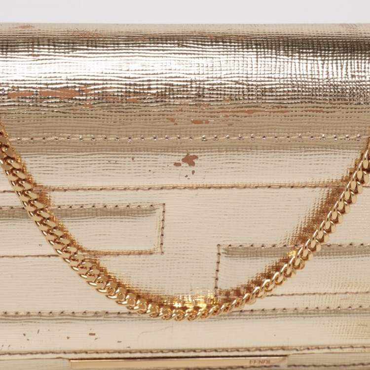 Pre Owned Fendi Gold Laminated Leather Tube On Chain Wallet