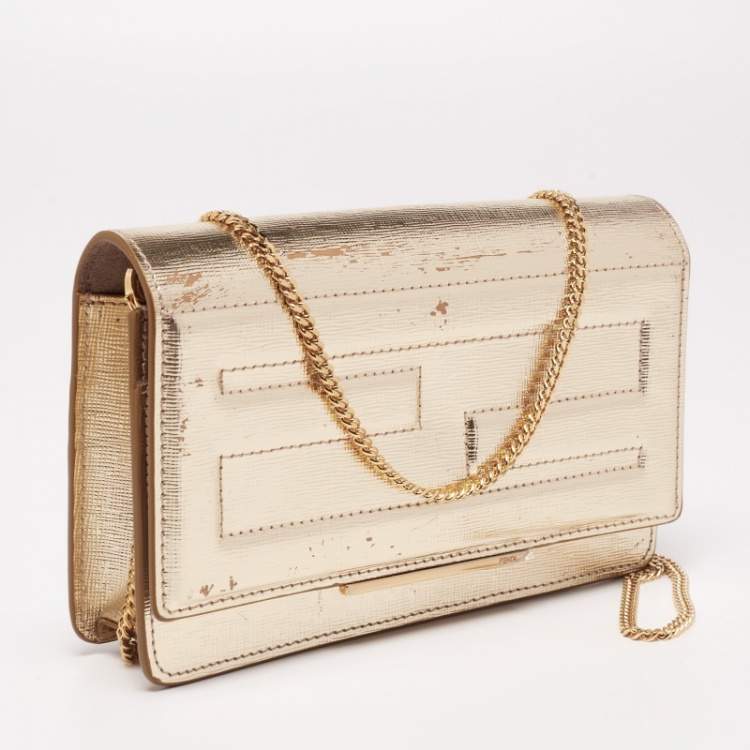 Pre Owned Fendi Gold Laminated Leather Tube On Chain Wallet