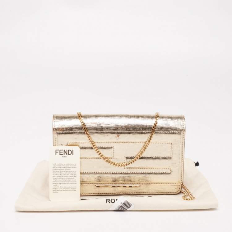 Pre Owned Fendi Gold Laminated Leather Tube On Chain Wallet