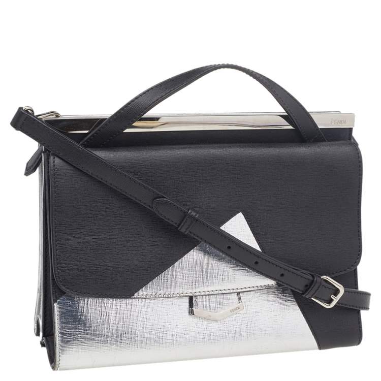 Pre Owned Fendi Black/Metallic Silver Textured Leather Small Demi Jour Top Handle Bag