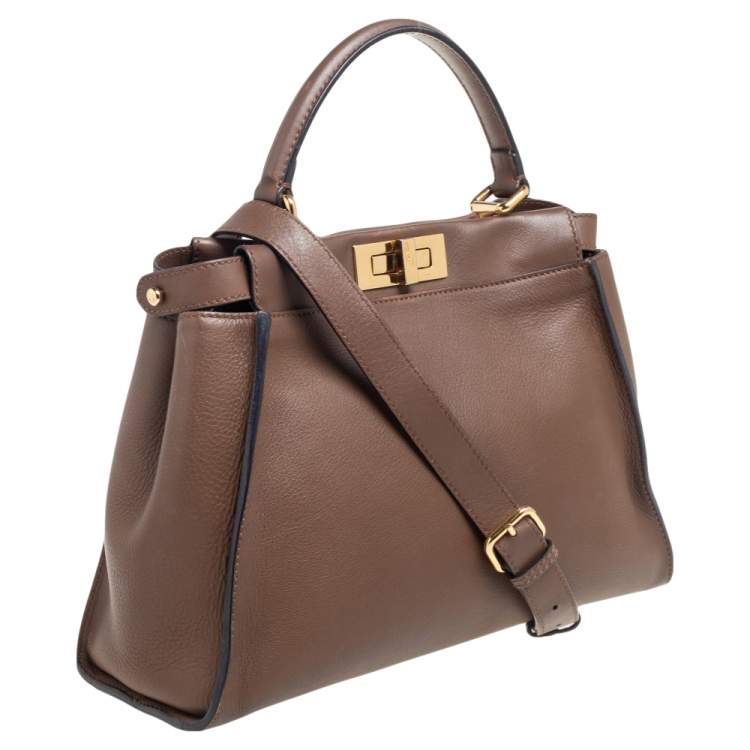 Pre Owned Fendi Dark Brown Leather Medium Peekaboo Top Handle Bag