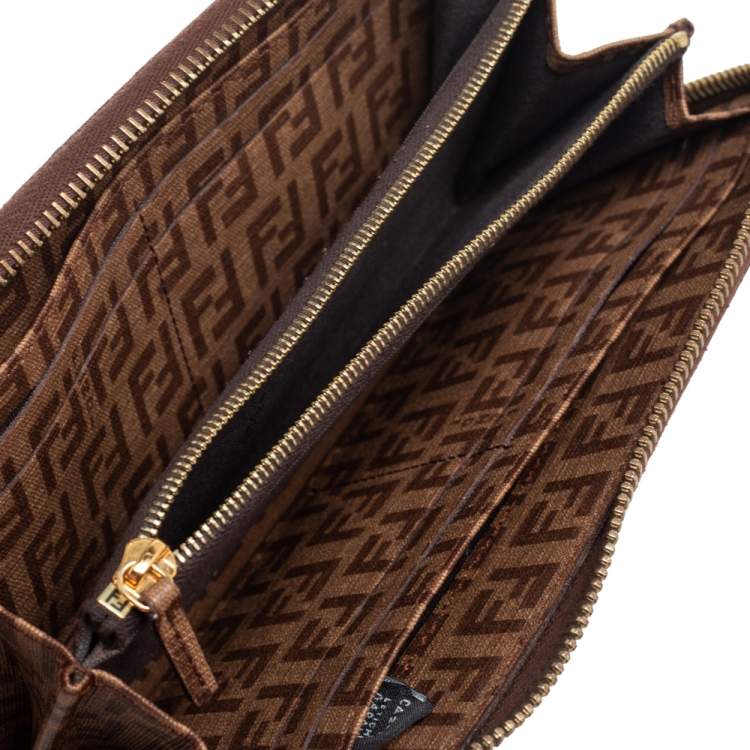 Pre Owned Fendi Brown/Beige Zucchino Coated Canvas Zip Around Wallet 