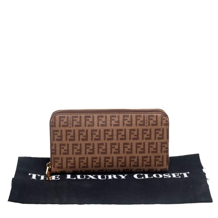 Pre Owned Fendi Brown/Beige Zucchino Coated Canvas Zip Around Wallet 