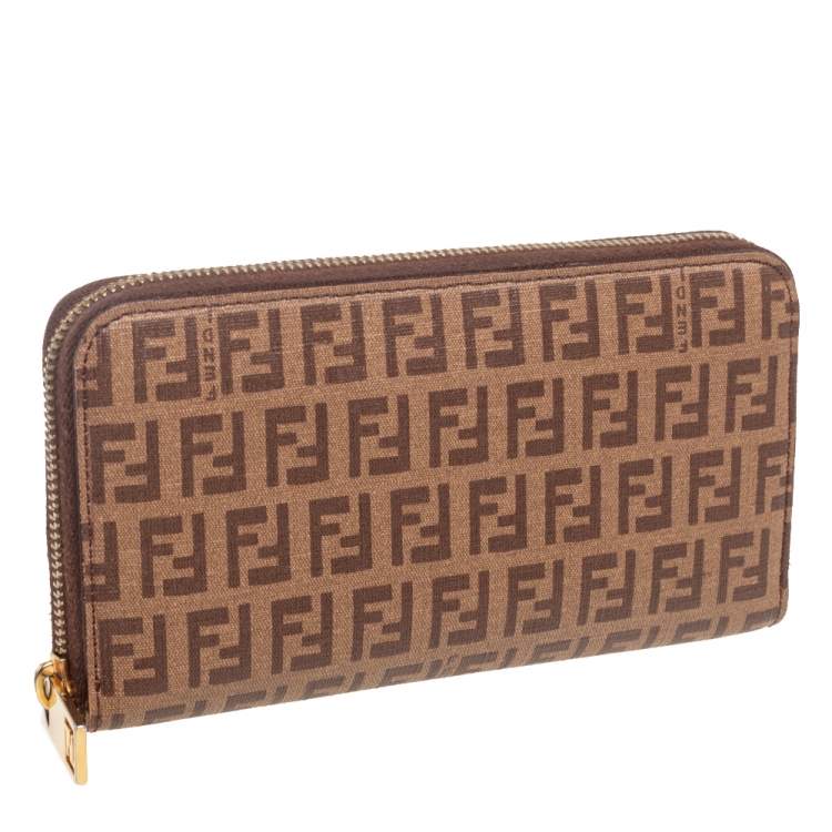 Pre Owned Fendi Brown/Beige Zucchino Coated Canvas Zip Around Wallet 