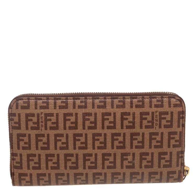 Pre Owned Fendi Brown/Beige Zucchino Coated Canvas Zip Around Wallet 