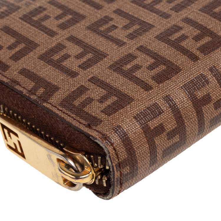Pre Owned Fendi Brown/Beige Zucchino Coated Canvas Zip Around Wallet 