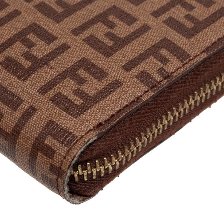 Pre Owned Fendi Brown/Beige Zucchino Coated Canvas Zip Around Wallet 