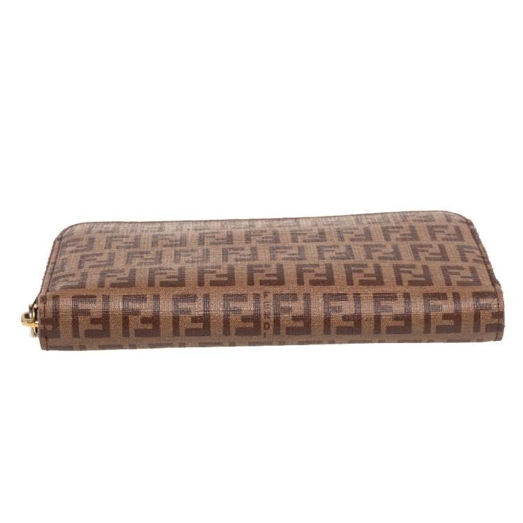 Pre Owned Fendi Brown/Beige Zucchino Coated Canvas Zip Around Wallet 
