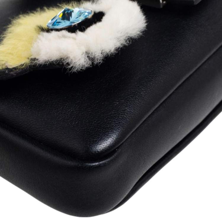Pre Owned Fendi Black Leather and Fur Micro Monster Clutch