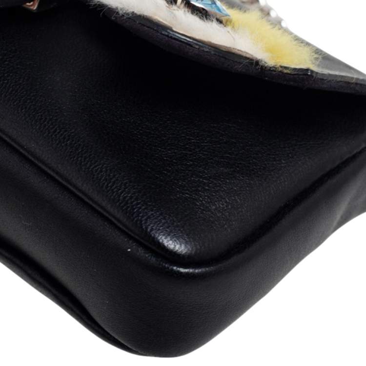 Pre Owned Fendi Black Leather and Fur Micro Monster Clutch