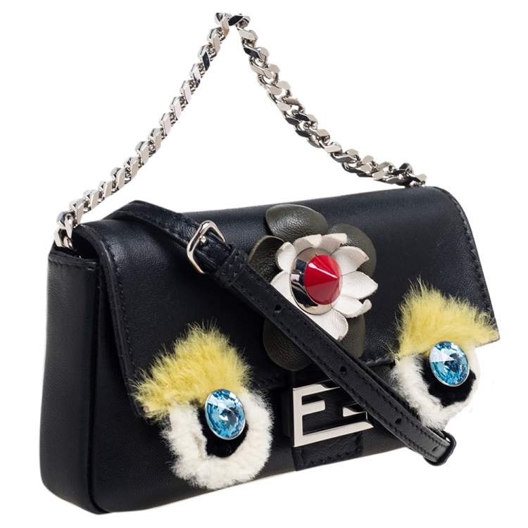 Pre Owned Fendi Black Leather and Fur Micro Monster Clutch