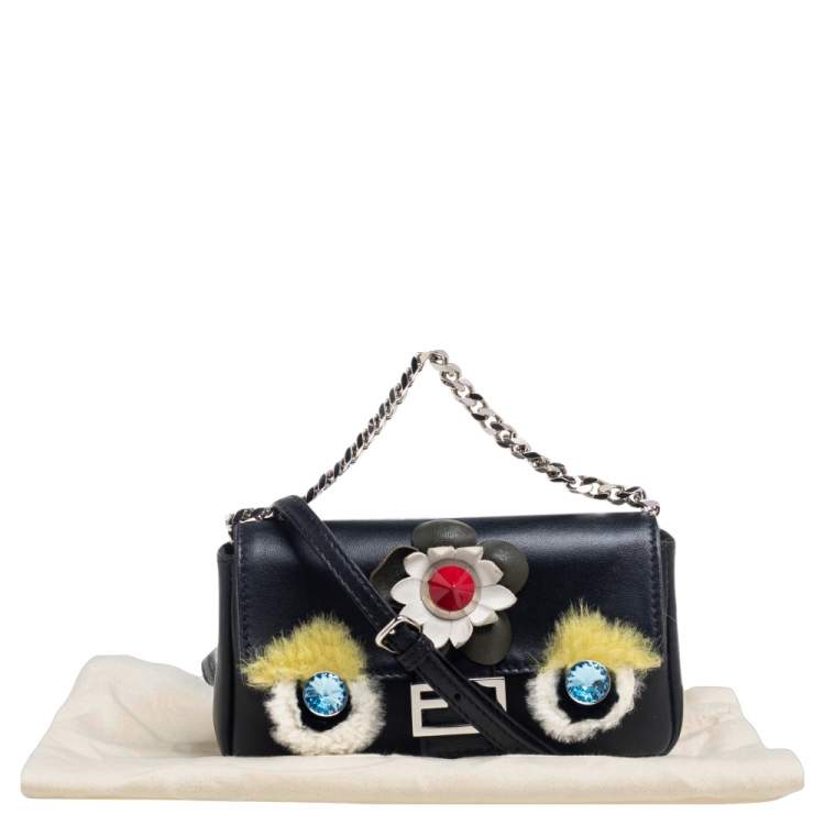 Pre Owned Fendi Black Leather and Fur Micro Monster Clutch