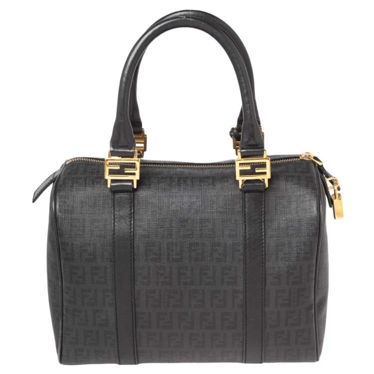 Pre Owned Fendi Black/Grey Zucchino Canvas Small Forever Bauletto Boston Bag