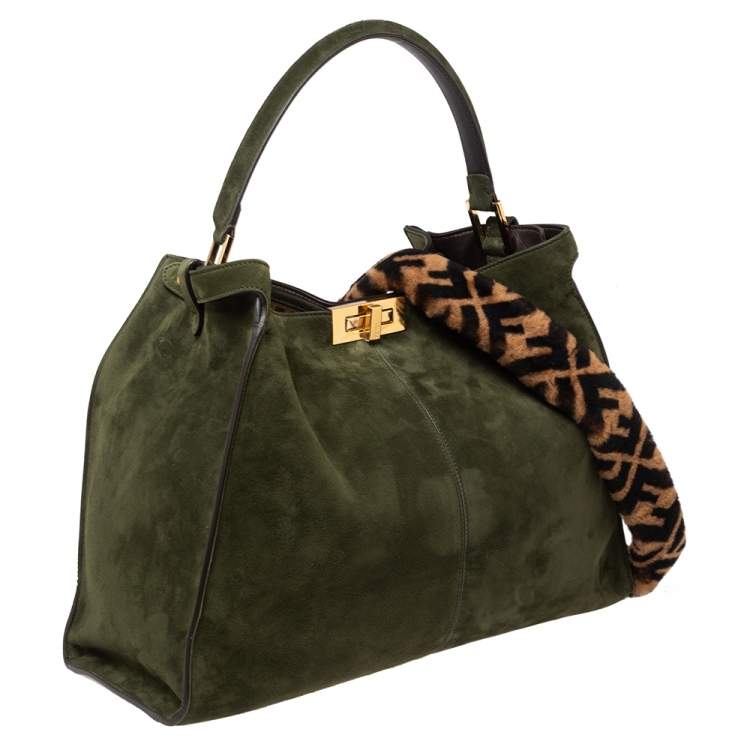 Pre Owned Fendi Green Suede Peekaboo X-Lite Large Top Handle Bag