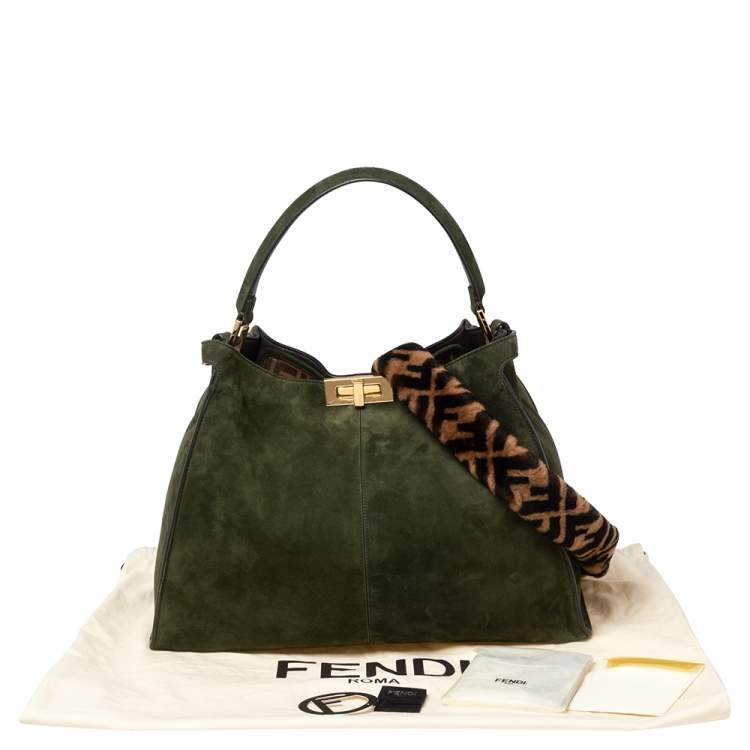 Pre Owned Fendi Green Suede Peekaboo X-Lite Large Top Handle Bag