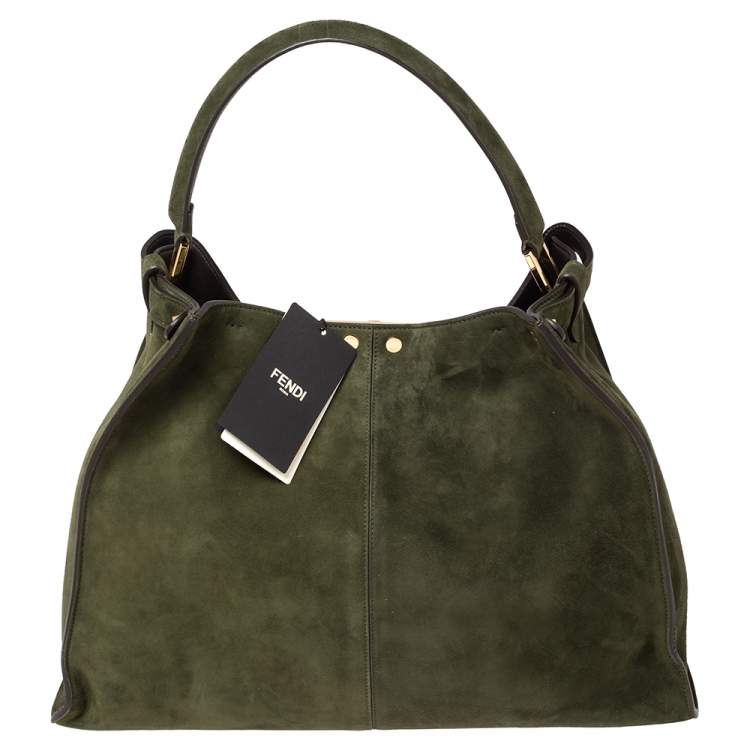 Pre Owned Fendi Green Suede Peekaboo X-Lite Large Top Handle Bag
