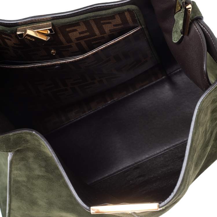 Pre Owned Fendi Green Suede Peekaboo X-Lite Large Top Handle Bag