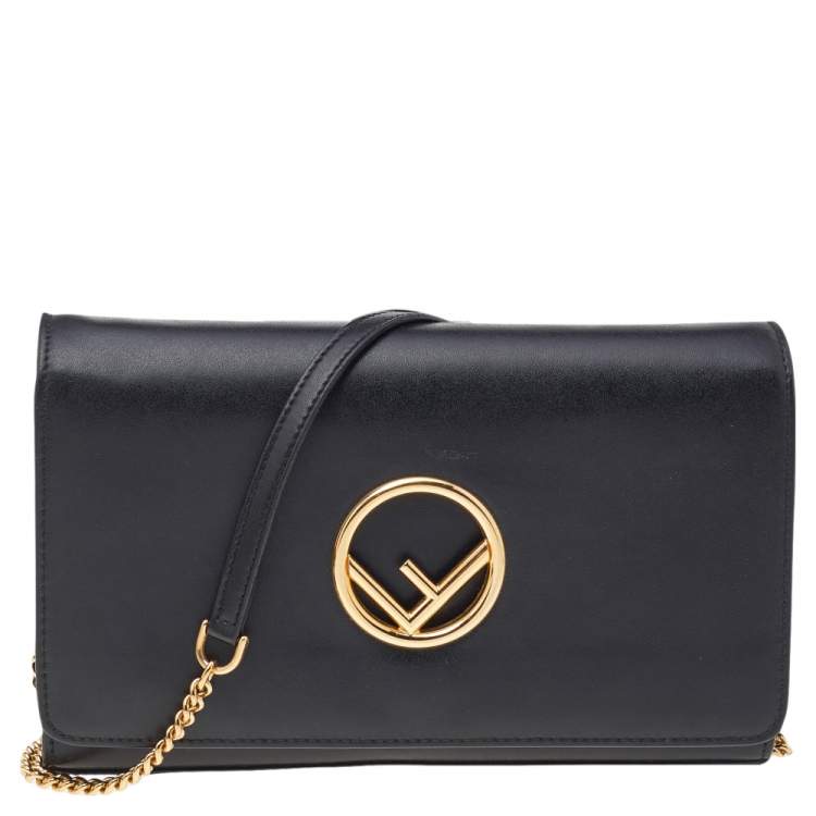 Pre Owned Fendi Black Leather Kan I F Wallet On Chain Clutch