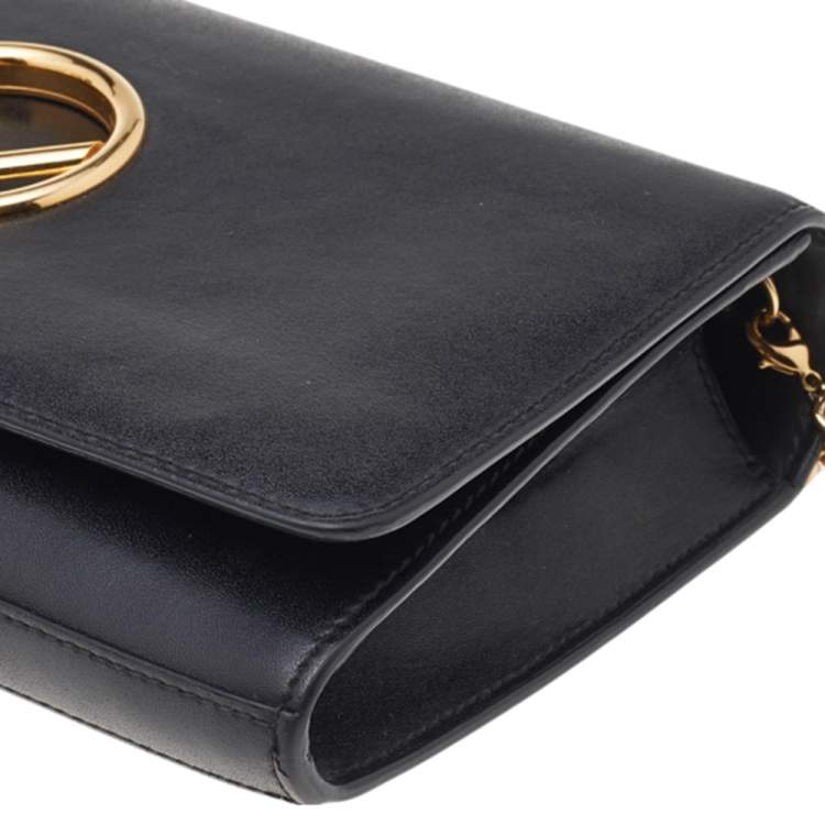 Pre Owned Fendi Black Leather Kan I F Wallet On Chain Clutch