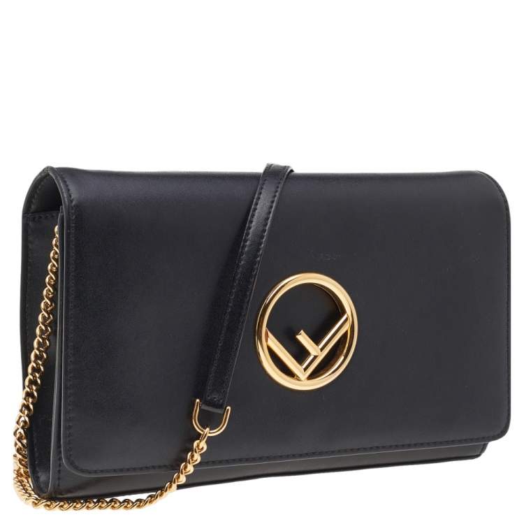 Pre Owned Fendi Black Leather Kan I F Wallet On Chain Clutch