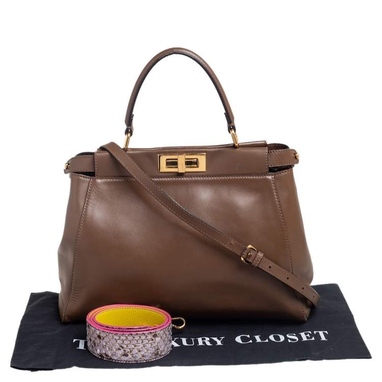 Pre Owned Fendi Dark Brown Leather Medium Peekaboo Top Handle Bag
