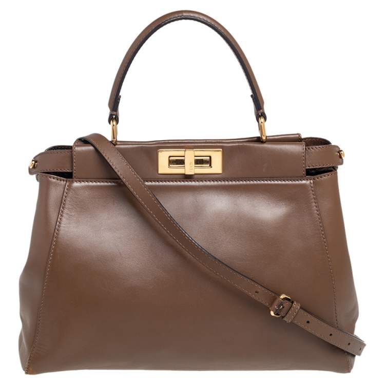 Pre Owned Fendi Dark Brown Leather Medium Peekaboo Top Handle Bag