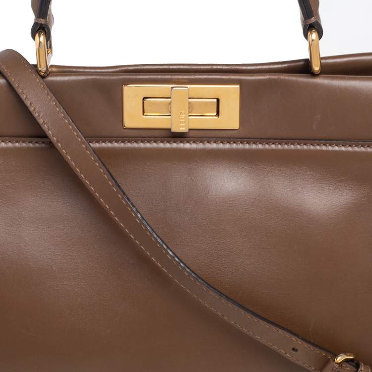 Pre Owned Fendi Dark Brown Leather Medium Peekaboo Top Handle Bag