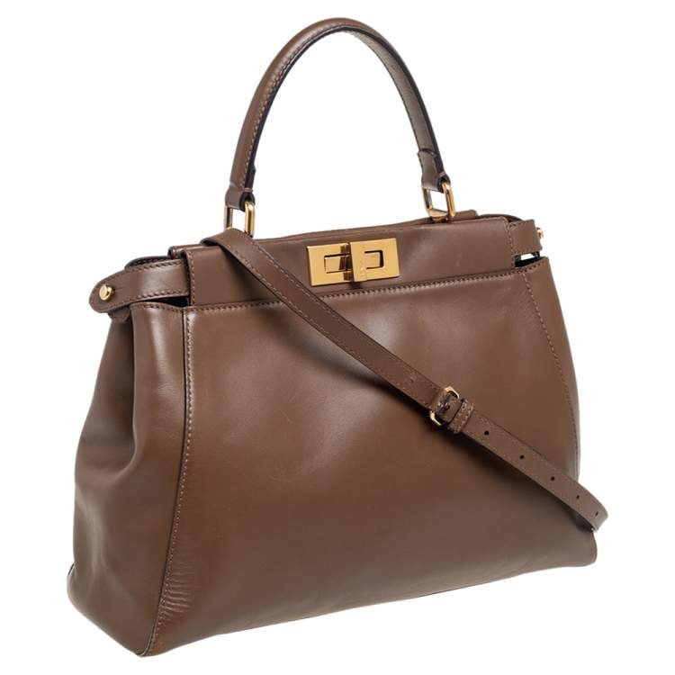 Pre Owned Fendi Dark Brown Leather Medium Peekaboo Top Handle Bag