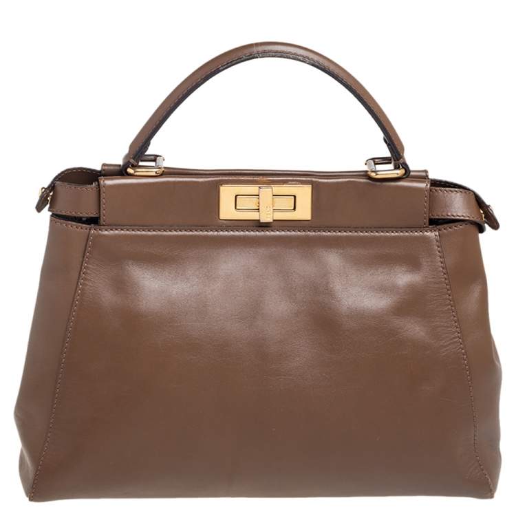 Pre Owned Fendi Dark Brown Leather Medium Peekaboo Top Handle Bag