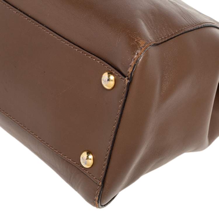 Pre Owned Fendi Dark Brown Leather Medium Peekaboo Top Handle Bag