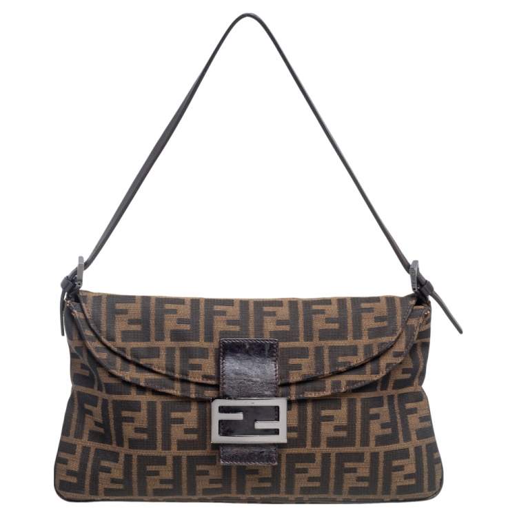 Pre Owned Fendi Tobacco Zucca Canvas and Leather Trim Baguette Bag