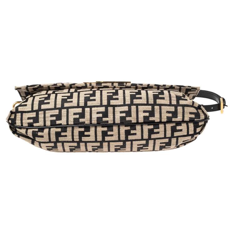 Pre Owned Fendi Black/Beige Zucca Canvas and Patent Leather Mia Flap Shoulder Bag