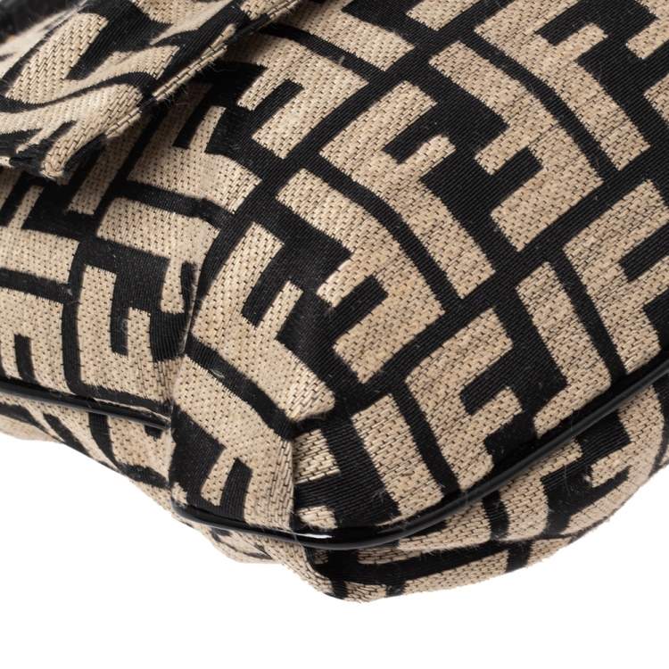 Pre Owned Fendi Black/Beige Zucca Canvas and Patent Leather Mia Flap Shoulder Bag