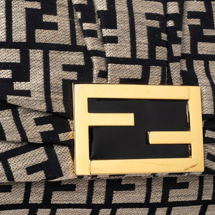 Pre Owned Fendi Black/Beige Zucca Canvas and Patent Leather Mia Flap Shoulder Bag