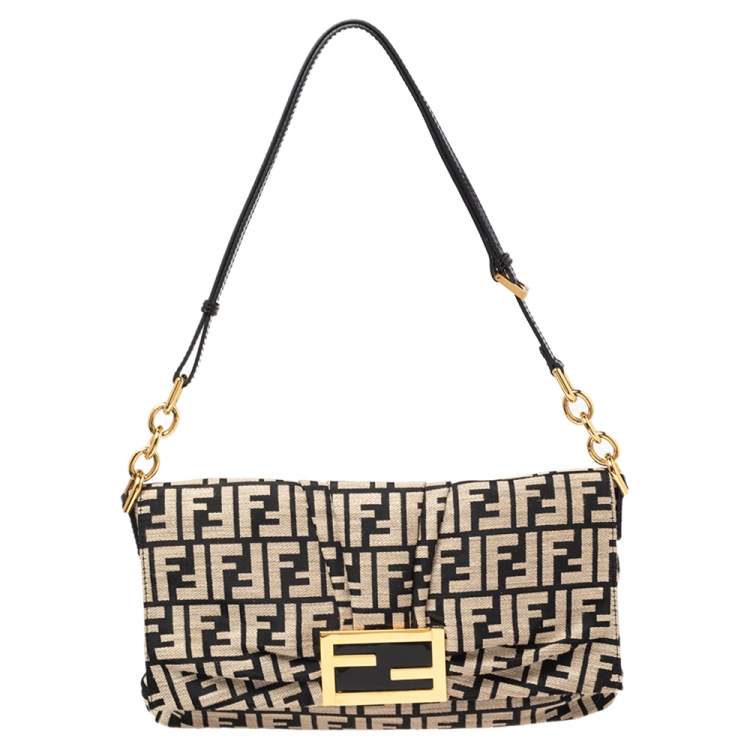 Pre Owned Fendi Black/Beige Zucca Canvas and Patent Leather Mia Flap Shoulder Bag