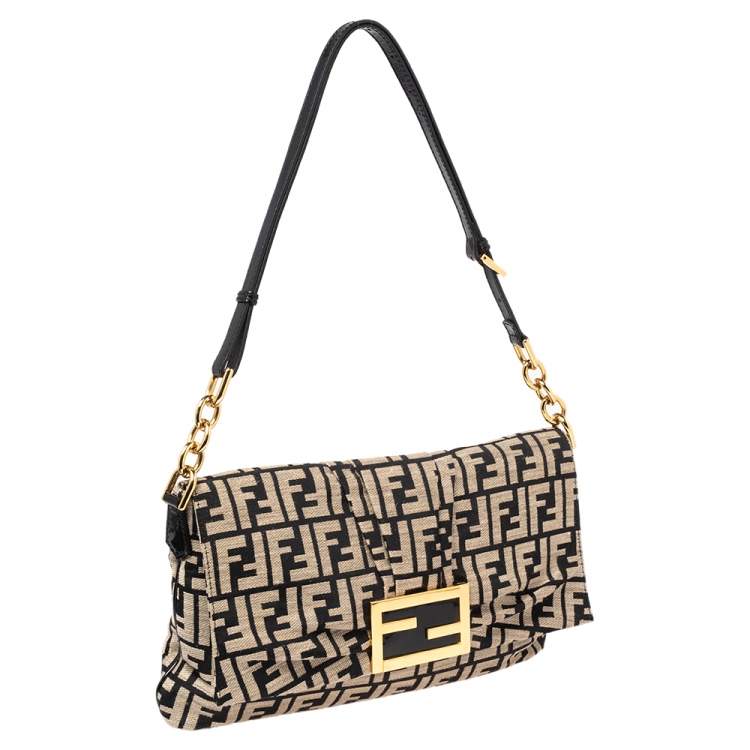 Pre Owned Fendi Black/Beige Zucca Canvas and Patent Leather Mia Flap Shoulder Bag